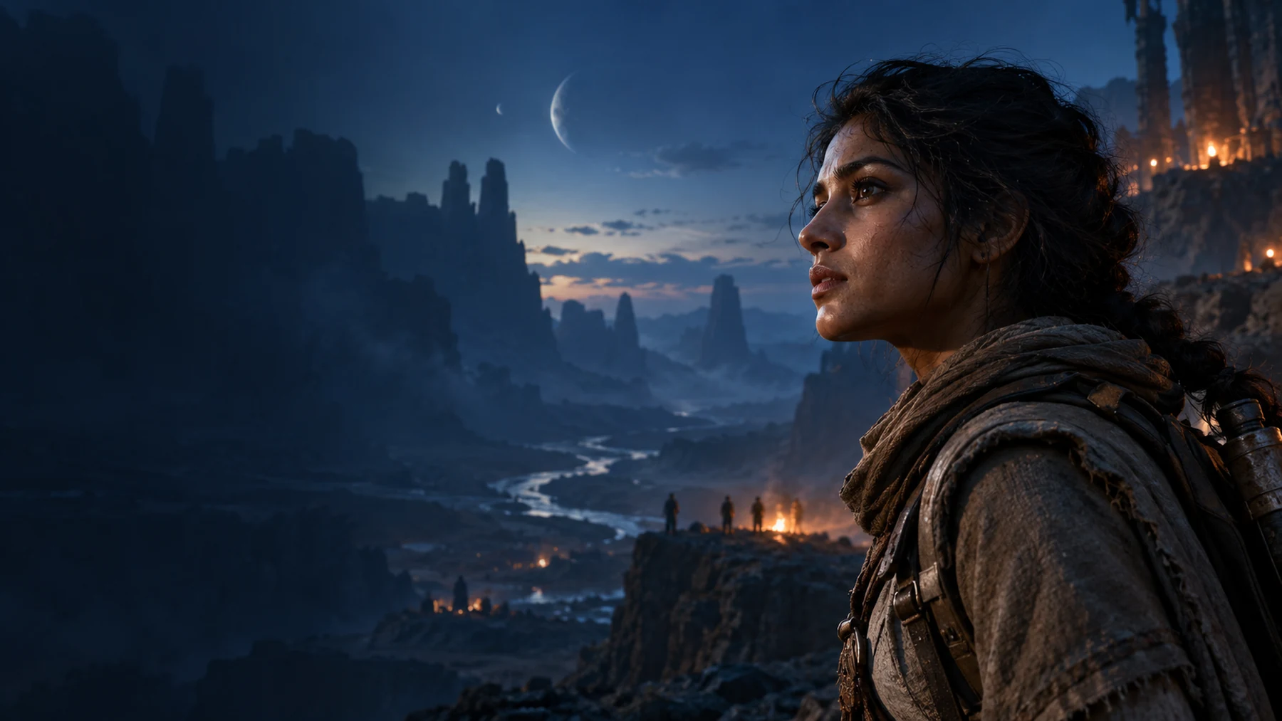Original concept frame: an explorer looks toward a distant, firelit world