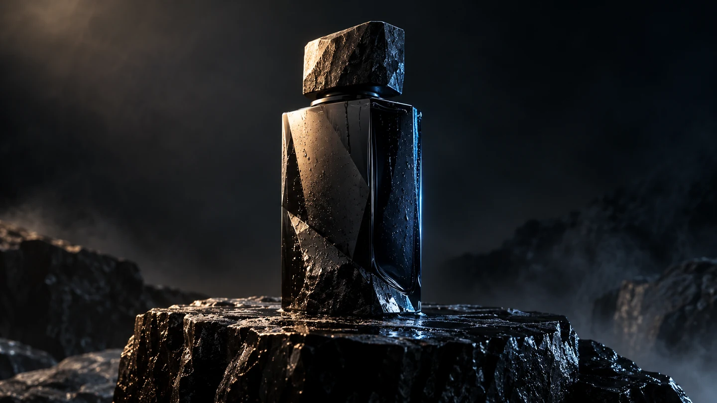 A sculptural graphite fragrance bottle on a dark stone plinth in a restrained studio light