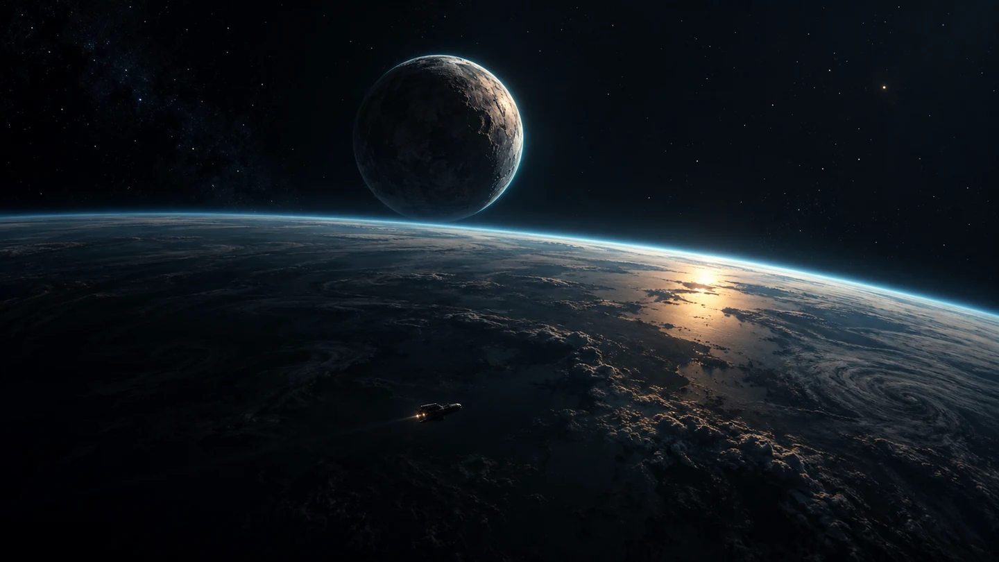 A small moon above a dark planetary horizon with a distant spacecraft silhouette